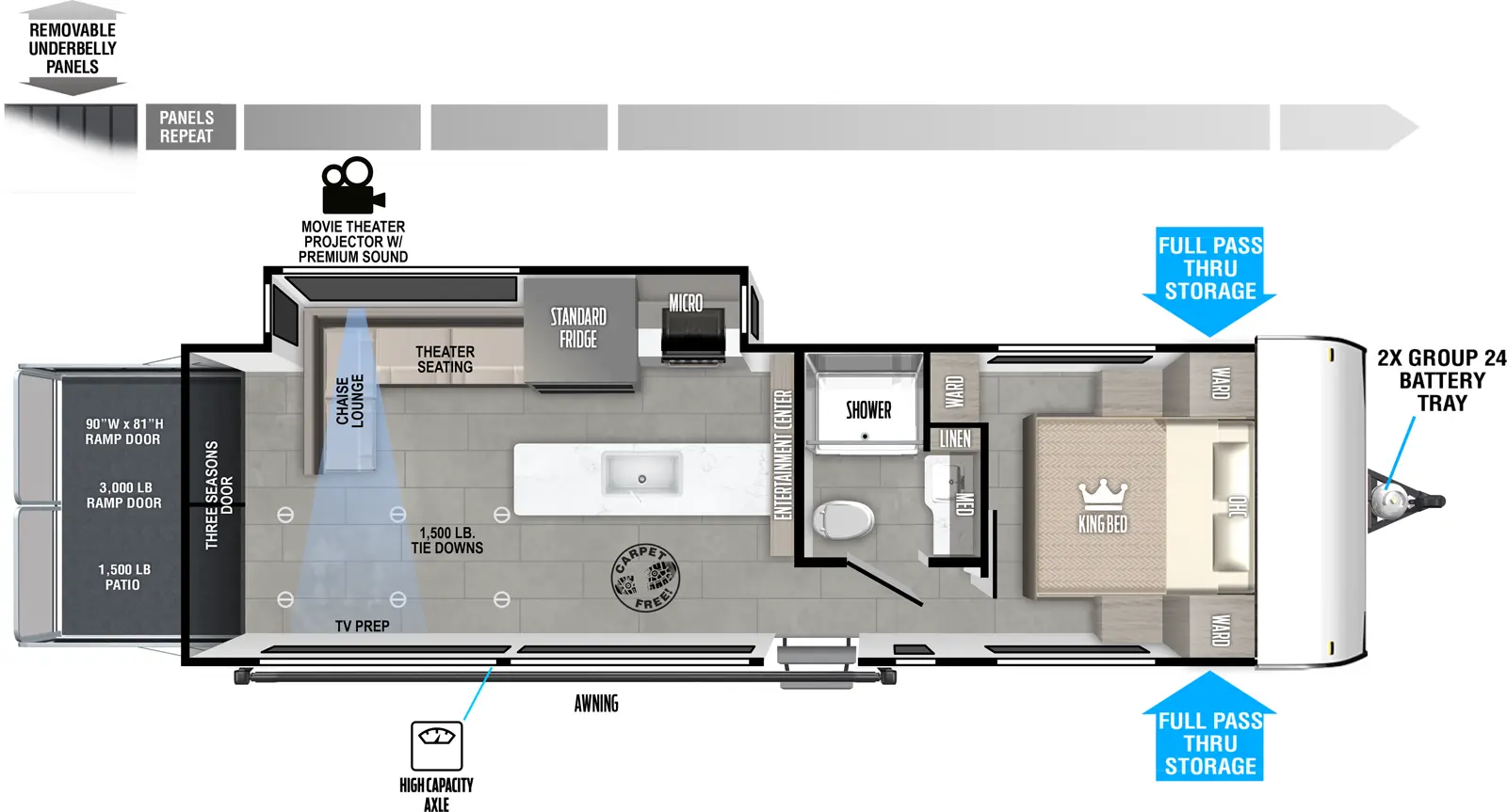 The Salem FSX 28VC floorplan is a toy hauler that has one entry and one slide out. Exterior features include: fiberglass exterior. Interiors features include: front bedroom.
